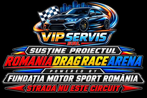 VIP Servis SRL logo for Romania Dragrace Arena drag racing event with blue sports car and checkered flag graphics