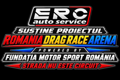 Romania Drag Race Arena logo with ERC auto service branding and Fundatia Motor Sport Romania sponsorship