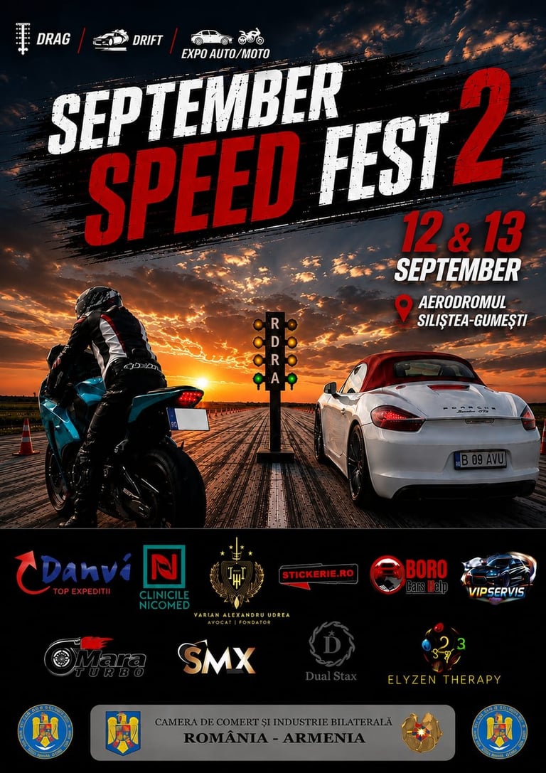 September Speed Fest 2 event poster featuring motorcycle and sports car racing on track at sunset, September 12-13 at Aerodromul Silista-Gumesti