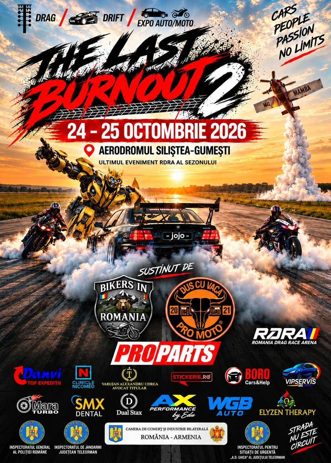 The Last Burnout 2 poster for car and motorcycle event on October 24-25, 2026 at Silistea-Gumesti aerodrome, Romania