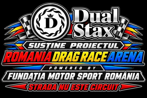 Dual Stax Romania Drag Race Arena logo with checkered flags and text on black background
