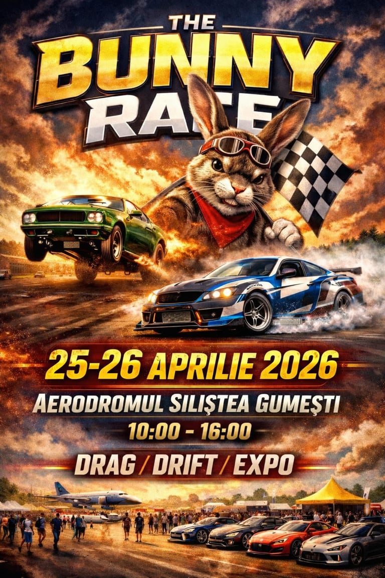 The Bunny Race event poster featuring a cartoon rabbit with goggles, racing cars, and flames. April 25-26, 2026 at Aerodromul Silistea Gumesti.