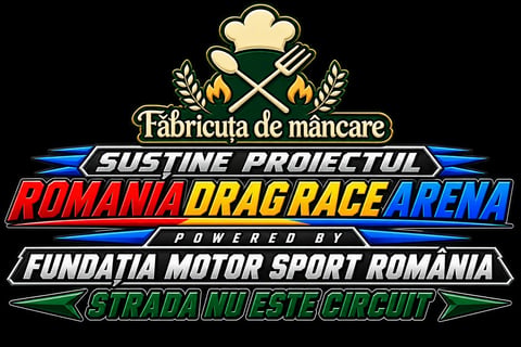 Romania Drag Race Arena logo featuring crossed fork and spatula, chefs hat, and text for Sustine Proiectul and Fundatia Motor Sport Romania