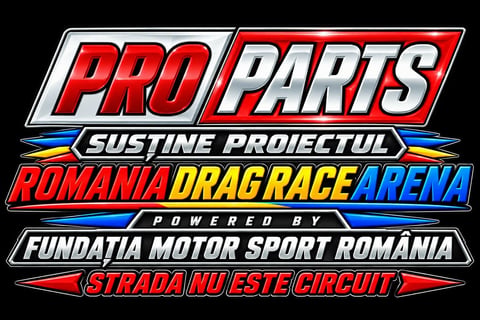 Pro Parts Romania Drag Race Arena logo featuring red, white, and yellow text on black background