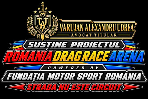 Logo for Romania Drag Race Arena featuring multiple sponsor and organization names including Varujan Alexandru Udrea Avocat Titular and Fundatia Motor Sport Romania
