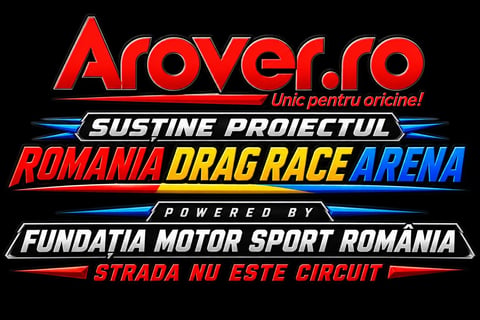 Arover.ro Romania Drag Race Arena logo with red, yellow and blue text on black background, powered by Fundatia Motor Sport Romania