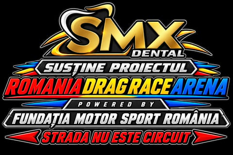 SMX Dental Sustine Proiectul Romania Drag Race Arena logo with sponsorship details on black background