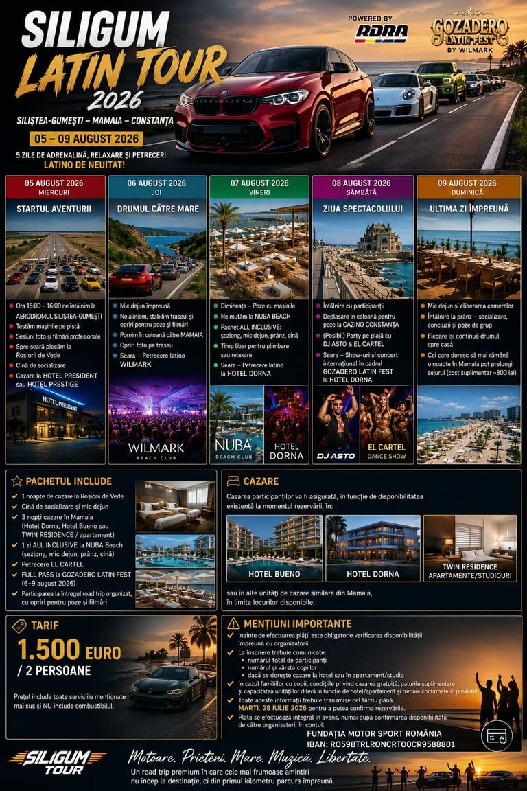Silicum Latin Tour 2026 promotional poster featuring red BMW car on highway with itinerary dates and hotel locations across Romania