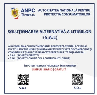 Romanian consumer protection authority poster about alternative dispute resolution (S.A.L.) with QR codes for online mediation services