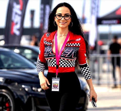 Woman wearing red and checkered racing jacket with glasses and credential badge at outdoor motorsports event