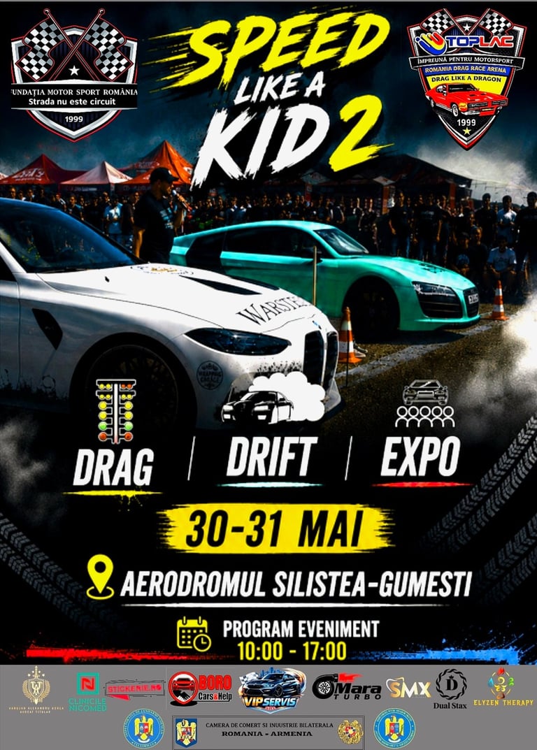 Speed Like a Kid 2 racing event poster featuring drag racing, drifting, and expo at Aerodromul Silistea-Gumesti on May 30-31