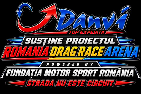 Danvi Expeditii Romania Drag Race Arena logo with neon-style text and branding on black background